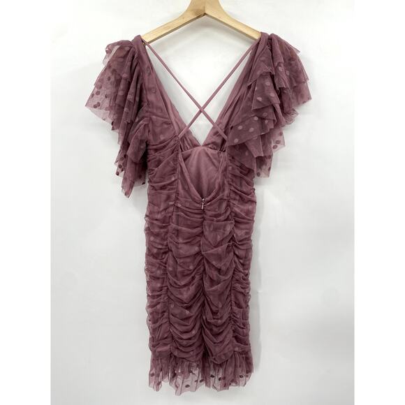 ASOS 4 purple textured mesh ruched ruffle cross back mini dress - Picture 5 of 8